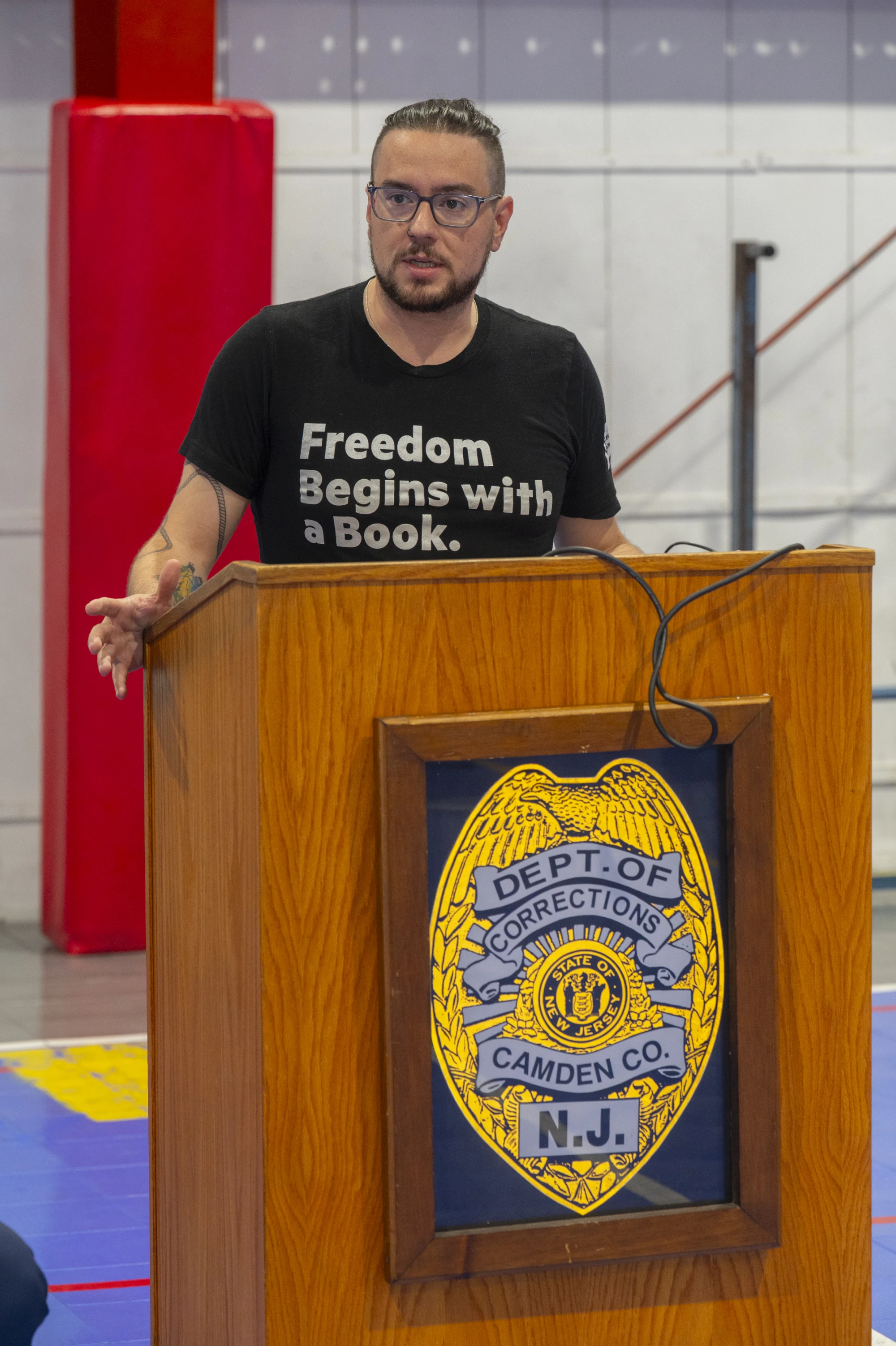 Tyler Sperrazza speaking at a recent Freedom Library opening in Camden County.