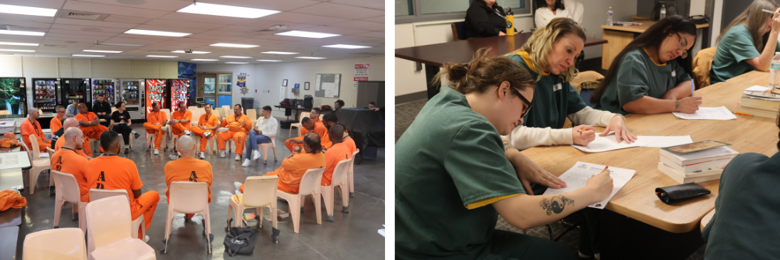 Left: Freedom Reads leads an Inside Literary Prize book discussion inside Arizona State Prison Complex - Eyman. Right: Judges inside at La Vista Correctional Center in Colorado vote on the four shortlisted books for the inaugural Inside Literary Prize.