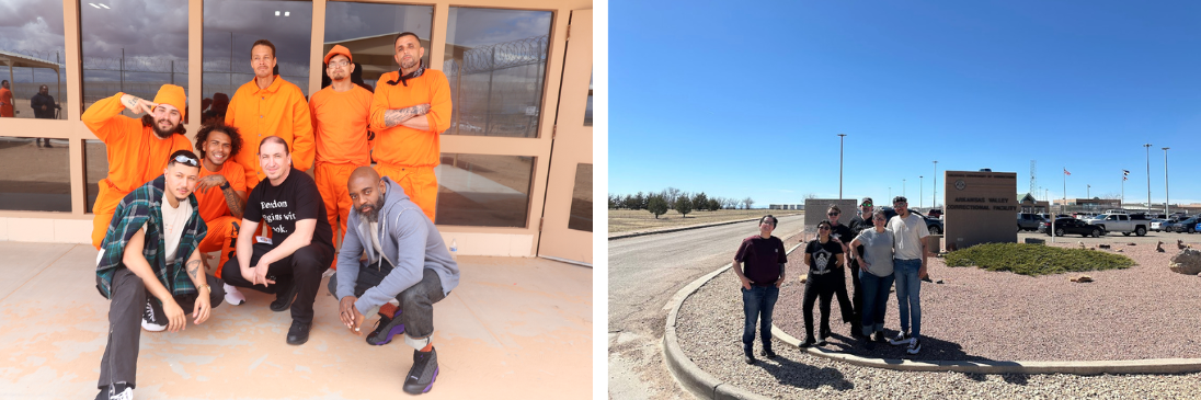 Left: David (lower left), Freedom Reads Founder & CEO Reginald Dwayne Betts (lower right), and Freedom Reads Program Coordinator Steven Parkhurst (lower middle) with men at Arizona State Prison Complex - Yuma during the Inside Literary Prize tour. Right: David and Freedom Reads team members outside of Arkansas Valley Correctional Facility in Colorado.