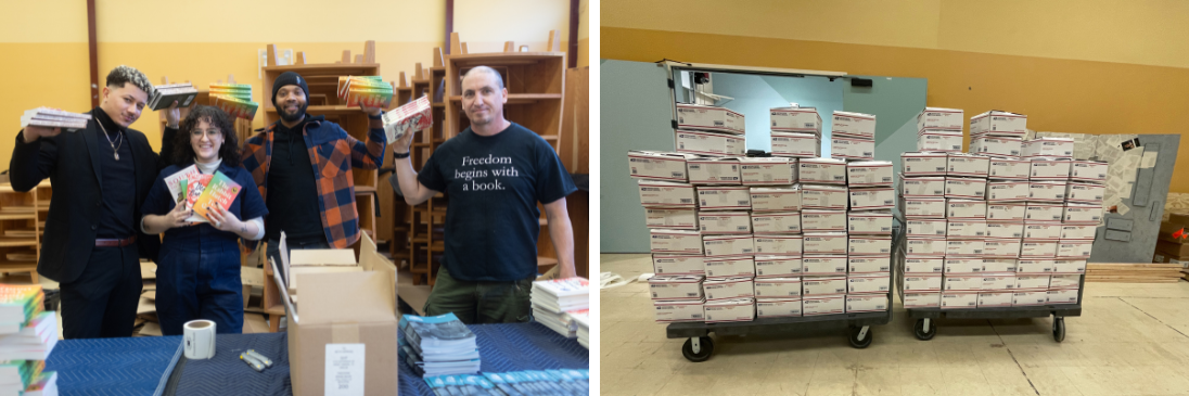Freedom Reads team members (from left to right) David, Gabby, Mike, and Steven pose with the four books shortlisted for the Inside Literary Prize. 1,680 books were shipped to 12 prisons this January.